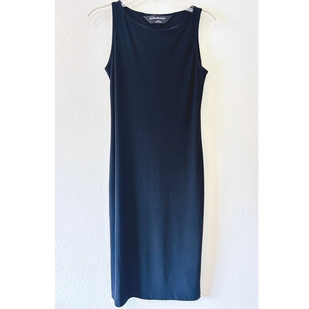 Norma Kamali Minimalist Black Sleeveless Boat Neck Midi Sheath Dress SZ M